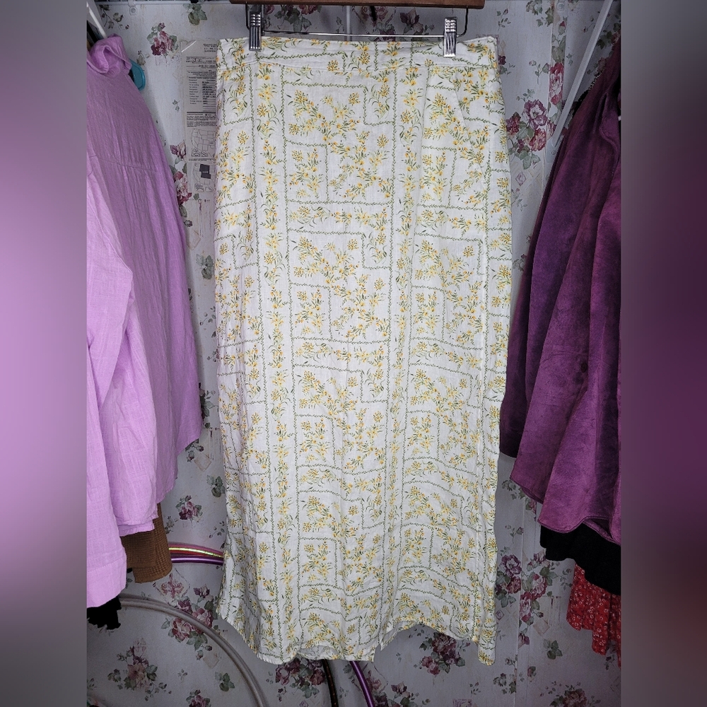 Joie 100% Linen Skirt Womens Large White Floral Pockets Maxi Paisley Farmhouse